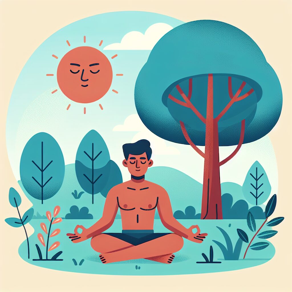 Une illustration apaisante représentant une personne méditant dans un parc à l'ombre d'un grand arbre, avec des éléments estivaux tels que le soleil et des lunettes de soleil, évoquant le bien-être et la sérénité mentale durant l’été.