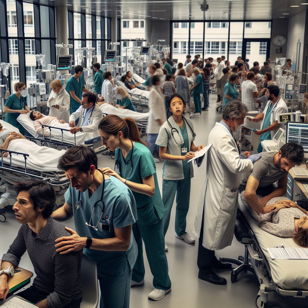 An overcrowded emergency room in a French hospital, with stressed medical staff attending to numerous patients. The scene shows a busy atmosphere with waiting patients on stretchers and chairs, highlighting the urgency and tension of the situation.