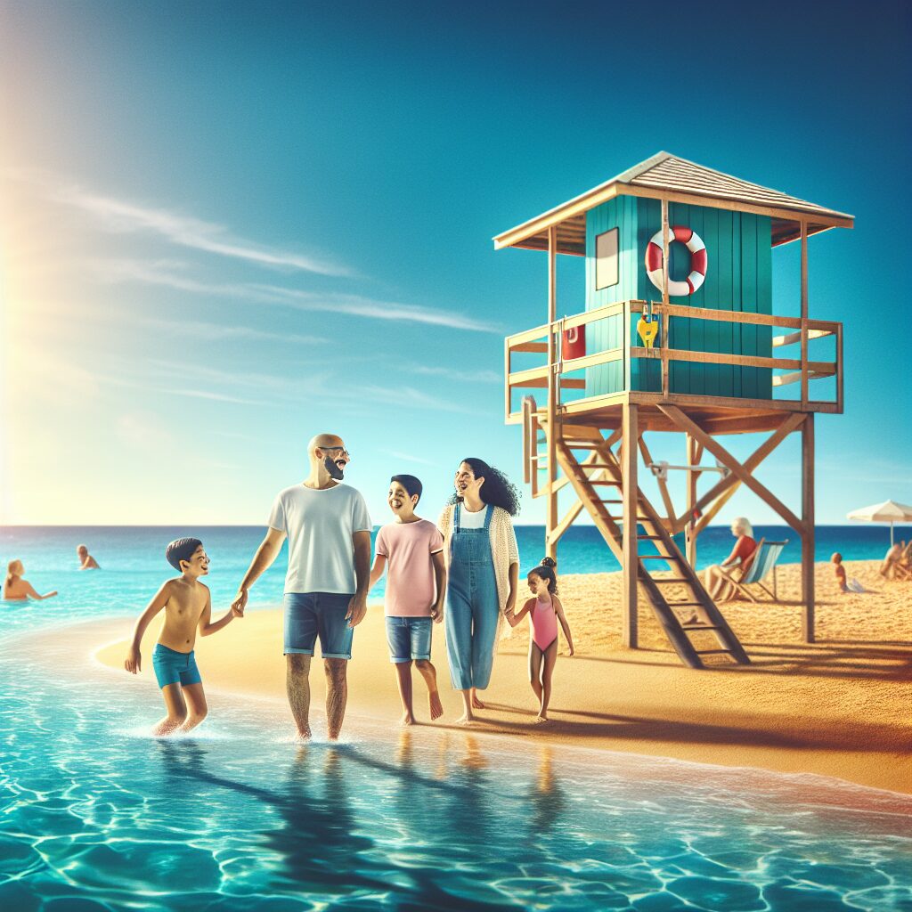 A serene beach scene with clear blue water and a lifeguard tower, showing a family enjoying a safe swim under the clear summer sky.