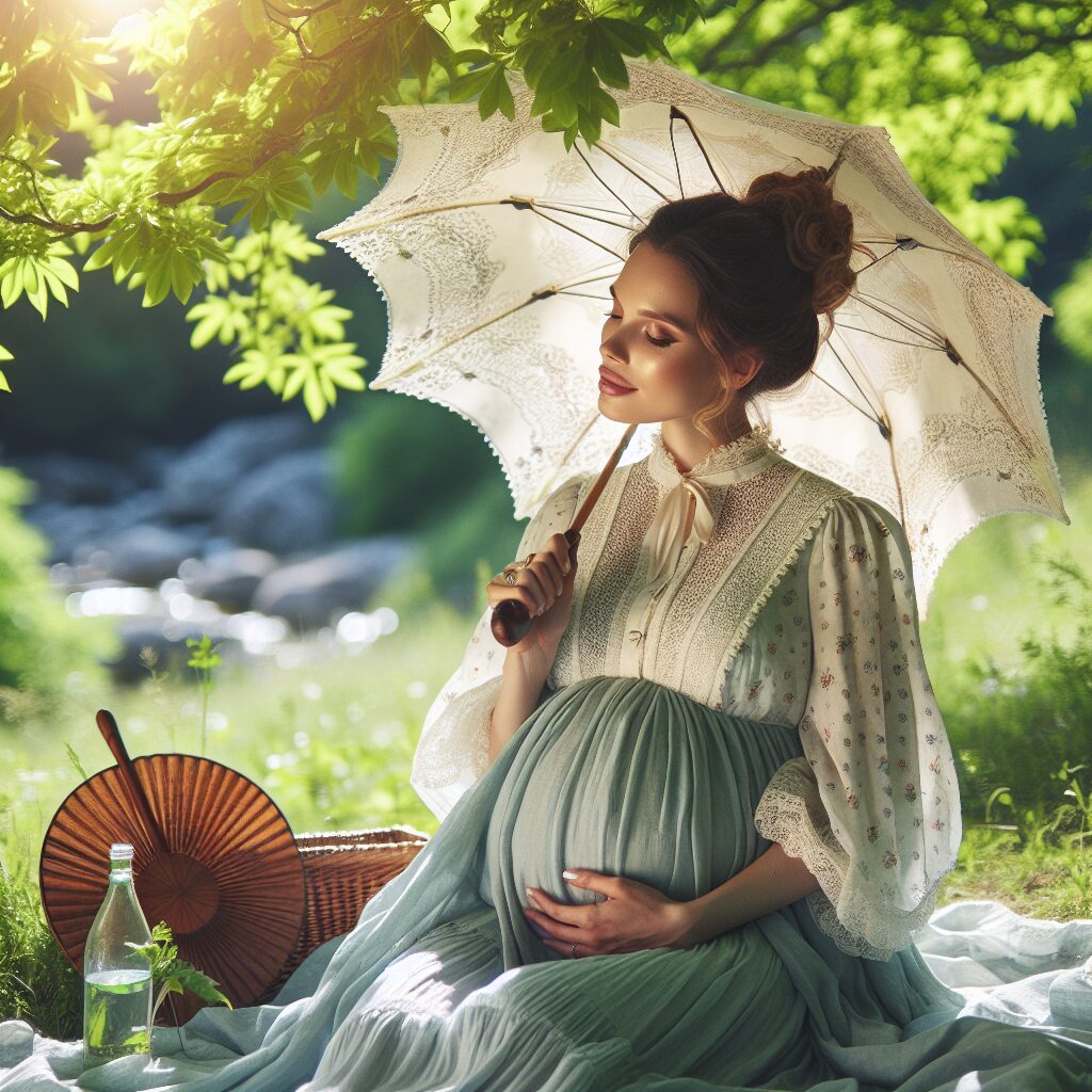 A pregnant woman in a summer dress holding a parasol, sitting under a tree on a sunny day, with a bottle of water and a fan nearby, surrounded by nature, conveying a sense of calm and protection from the heat.