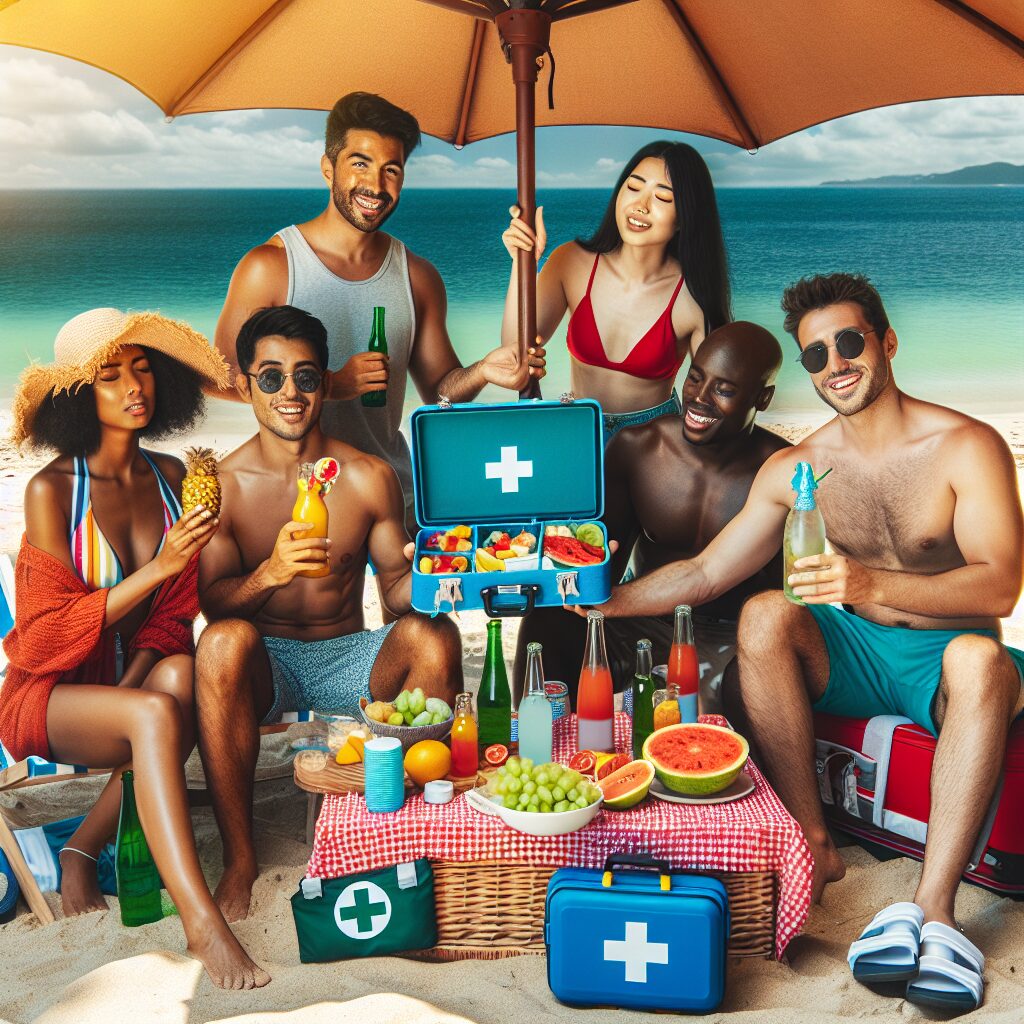 Un groupe de personnes en vacances au bord de la plage, savourant un pique-nique coloré avec des fruits, tout en se protégeant du soleil sous un grand parasol. Des détails montrent des bouteilles d'eau, une trousse de secours ouverte et des chaussures de plage, illustrant la vigilance à la santé et à la sécurité. L'arrière-plan montre une mer calme et un ciel bleu éclatant.