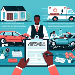 An informative illustration showing a person filling out an insurance form with visuals of a car accident and a hospital, highlighting the concept of third-party claims.