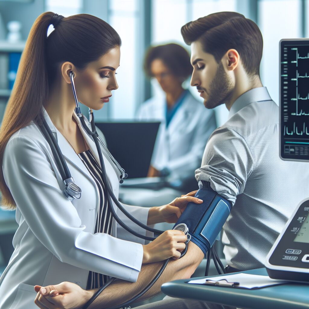 A digital illustration showing a doctor performing a blood pressure test on a patient using an electronic device in a modern medical office, emphasizing the importance of early detection of hypertension with a focus on healthcare and prevention.