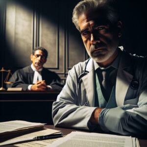 A courtroom scene with a middle-aged male surgeon, somber expression, legal documents on a table, a judge in the background, subdued lighting, and a dramatic, tense atmosphere.