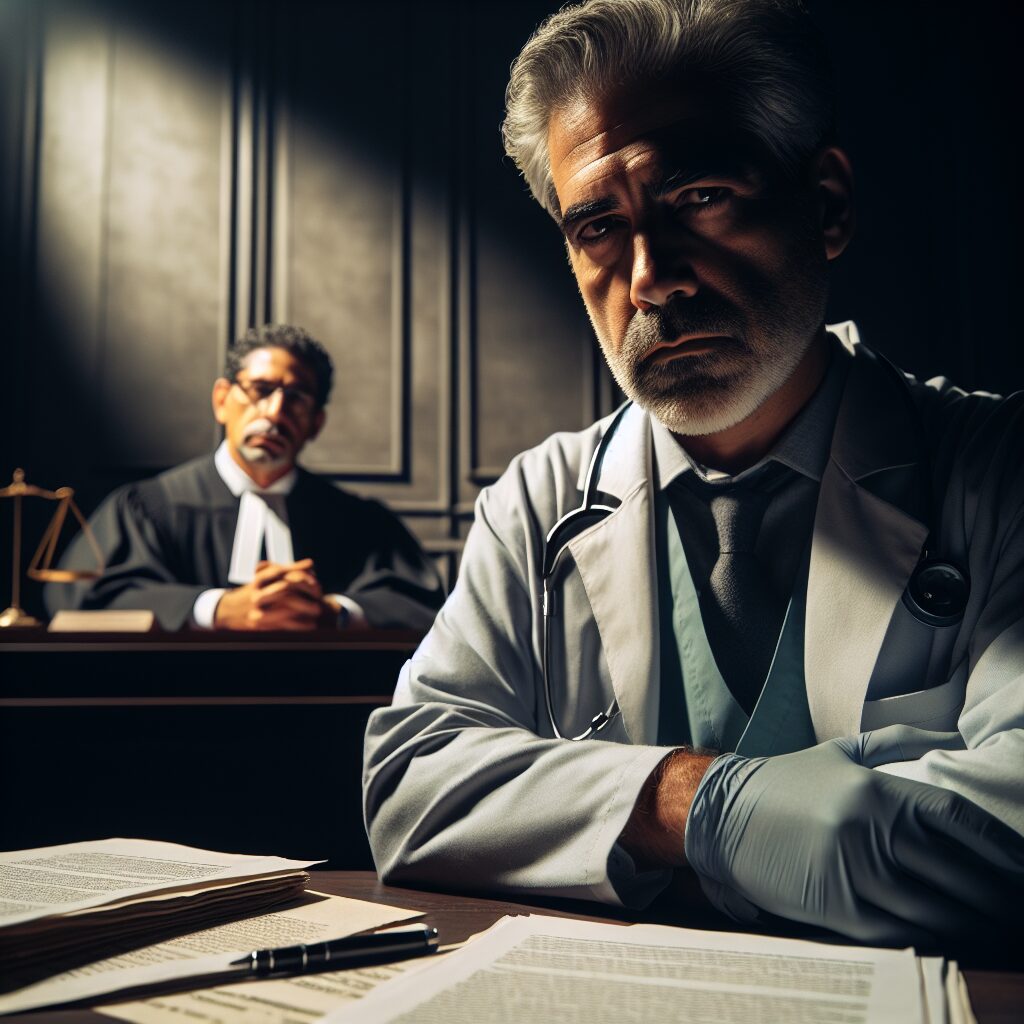 A courtroom scene with a middle-aged male surgeon, somber expression, legal documents on a table, a judge in the background, subdued lighting, and a dramatic, tense atmosphere.