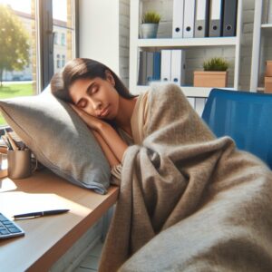 A person peacefully napping at their desk in a bright, tidy office environment, with a window showing a sunny day outside, and soft pillows and a cozy blanket nearby.