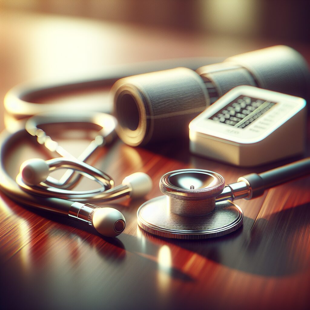 A high-quality image showing a stethoscope and a blood pressure monitor on a doctor's desk, symbolizing medical examination and hypertension screening.