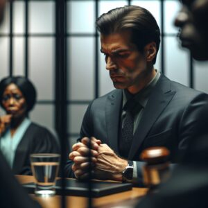 A courtroom scene with a middle-aged male surgeon, dressed in a suit, standing trial. The atmosphere is tense and dramatic, focusing on the faces of the judge, jury, and the surgeon. The mood should reflect suspense and ethical conflict in the medical field.