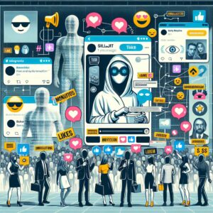 An illustration depicting the deceptive marketing of shilajit, featuring a blend of social media elements and famous personalities, with an undertone of artificial intelligence manipulation.