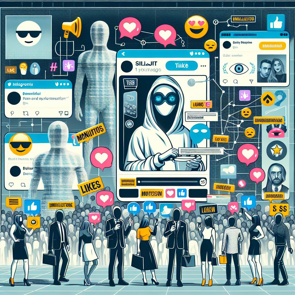 An illustration depicting the deceptive marketing of shilajit, featuring a blend of social media elements and famous personalities, with an undertone of artificial intelligence manipulation.