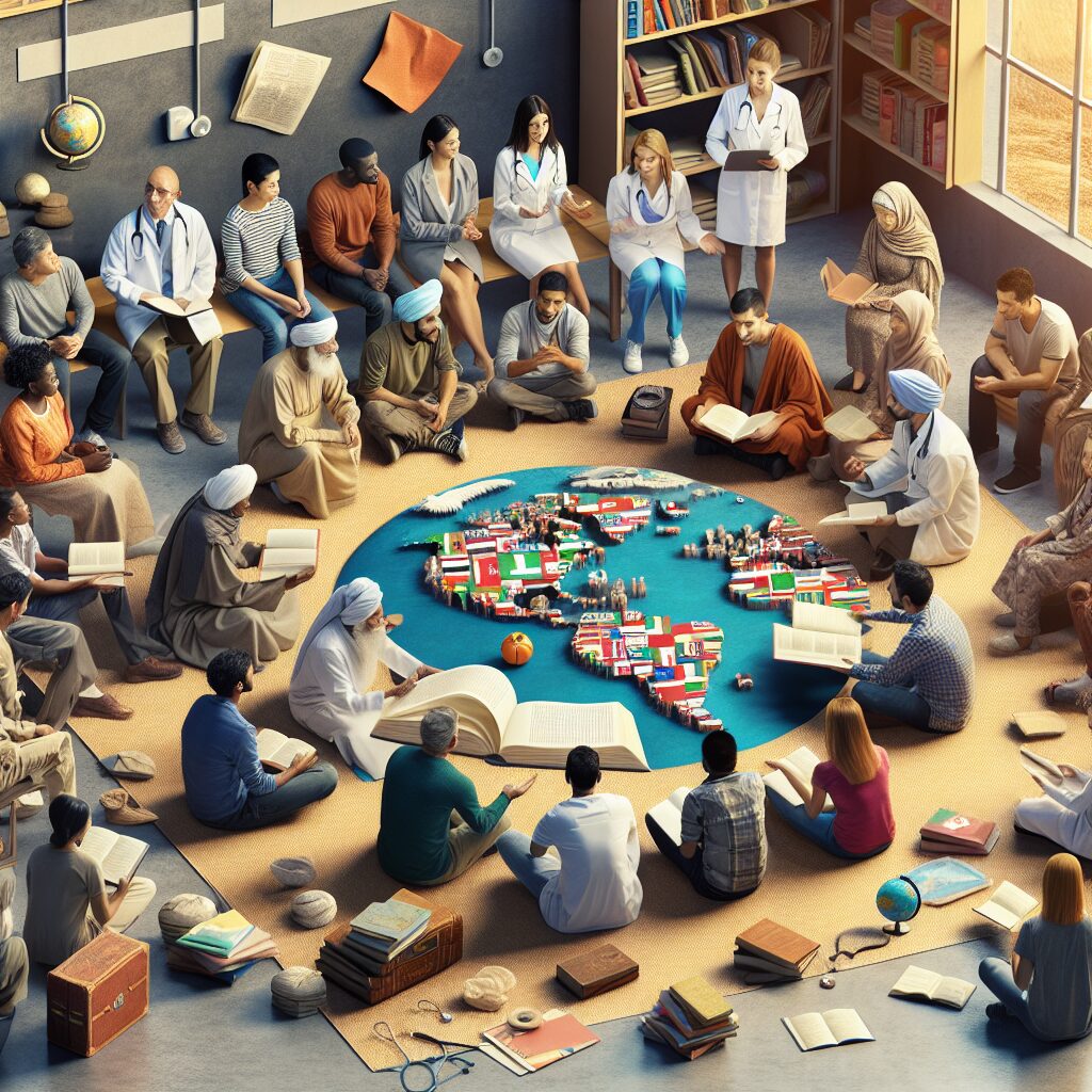A diverse group of refugees and migrants, in a supportive and informative setting, engaging with multilingual resources provided by healthcare professionals, illustrating unity and care.