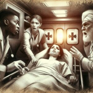 An artistic representation of a medical scene showing a patient, previously declared dead, unexpectedly waking up in an ambulance, with a backdrop of confused medical staff, capturing the surreal nature of the experience.