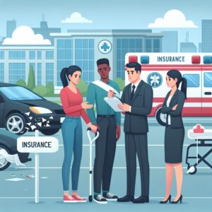 Illustration d'une scène d'accident avec une voiture et un piéton discutant avec un agent d’assurance. À l'arrière-plan, une ambulance et un panneau d'hôpital sont visibles, symbolisant les démarches nécessaires après un accident.