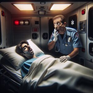 A surreal scene showing a person waking up in an ambulance with a bewildered paramedic, conveying a mix of confusion and awe, with dramatic lighting emphasizing a mysterious atmosphere.