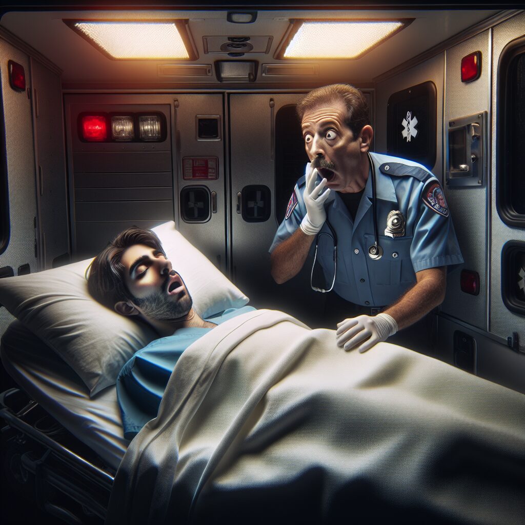 A surreal scene showing a person waking up in an ambulance with a bewildered paramedic, conveying a mix of confusion and awe, with dramatic lighting emphasizing a mysterious atmosphere.