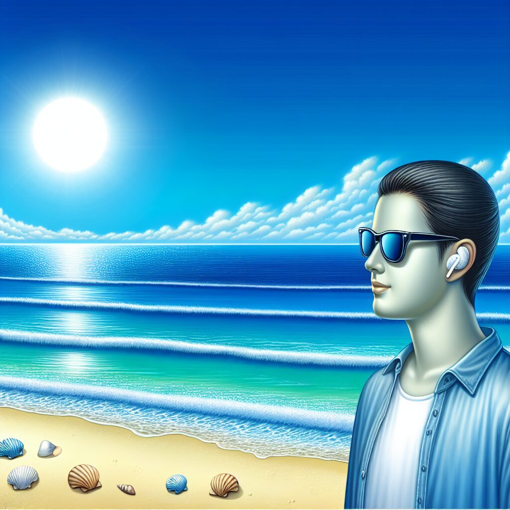 A sunny beach scene with a person wearing sunglasses and ear protection, emphasizing the importance of eye and ear care during summer outings.