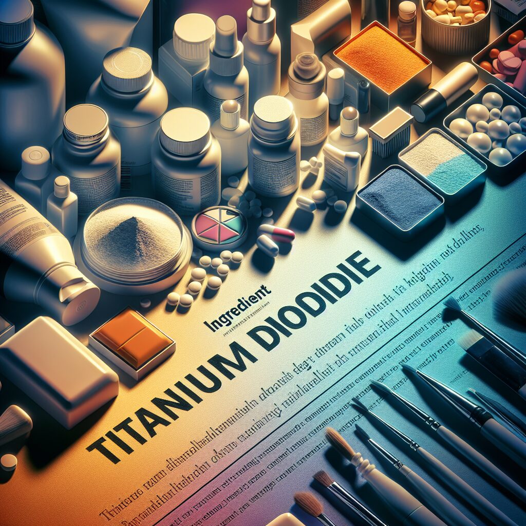 A close-up of various consumer products like cosmetics, medications, and paint, highlighting the presence of titanium dioxide, with a cautionary tone suggesting potential health risks.