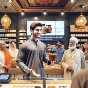 A salesman in an Indian showroom, surrounded by various health supplements, presenting a jar of shilajit to potential customers. The setting reflects a blend of traditional and modern elements, highlighting the cultural roots of shilajit with a hint of technology influence through digital screens displaying product ads in the background. Lighting is warm, emphasizing a tranquil yet commercial atmosphere.