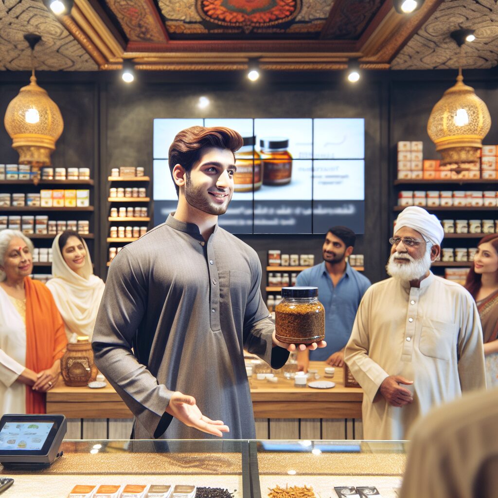 A salesman in an Indian showroom, surrounded by various health supplements, presenting a jar of shilajit to potential customers. The setting reflects a blend of traditional and modern elements, highlighting the cultural roots of shilajit with a hint of technology influence through digital screens displaying product ads in the background. Lighting is warm, emphasizing a tranquil yet commercial atmosphere.