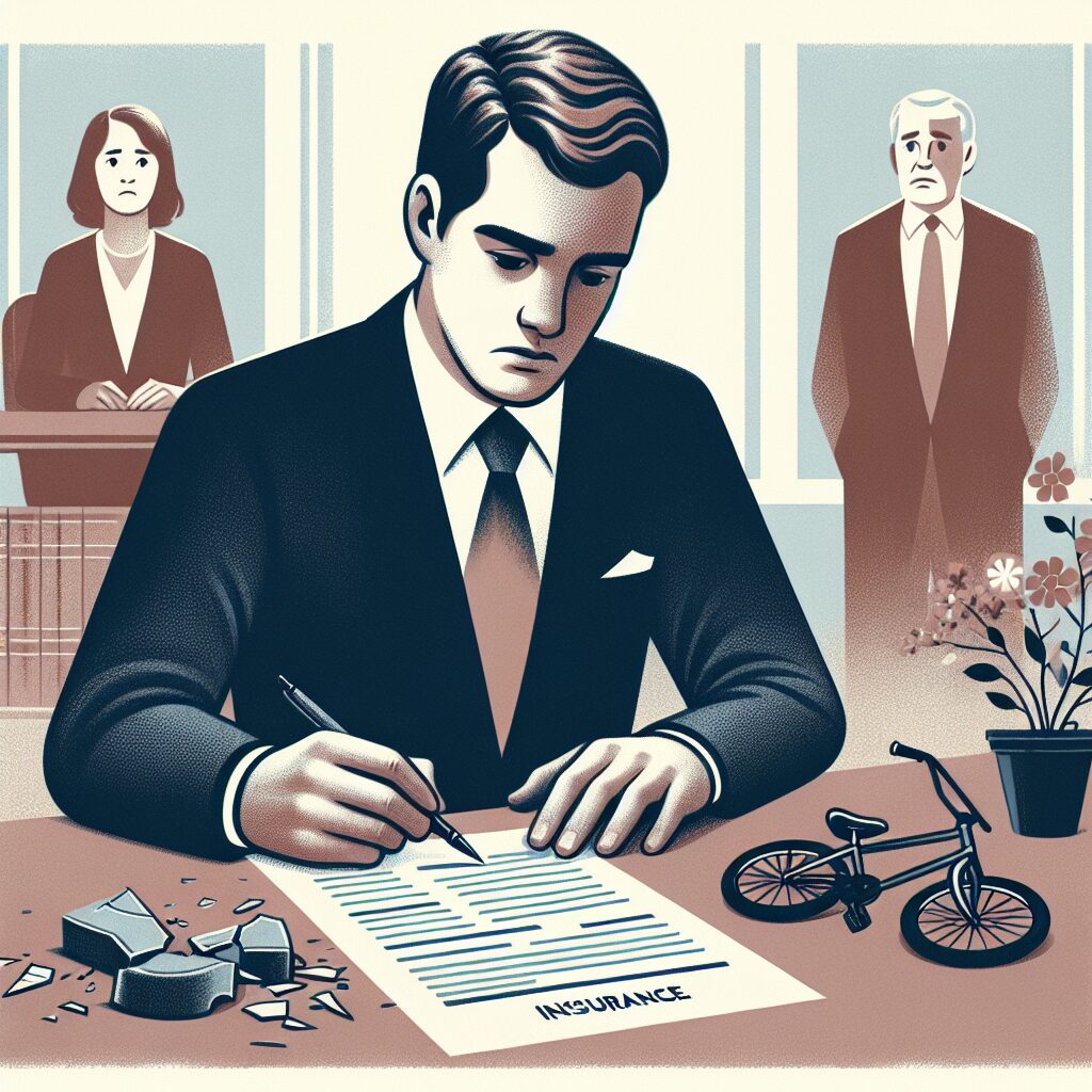 A detailed illustration showing a person filling out a form with a somber yet hopeful expression, surrounded by symbols of an accident like a broken bicycle, a falling flower pot, and a concerned face, in a legal or insurance office setting.