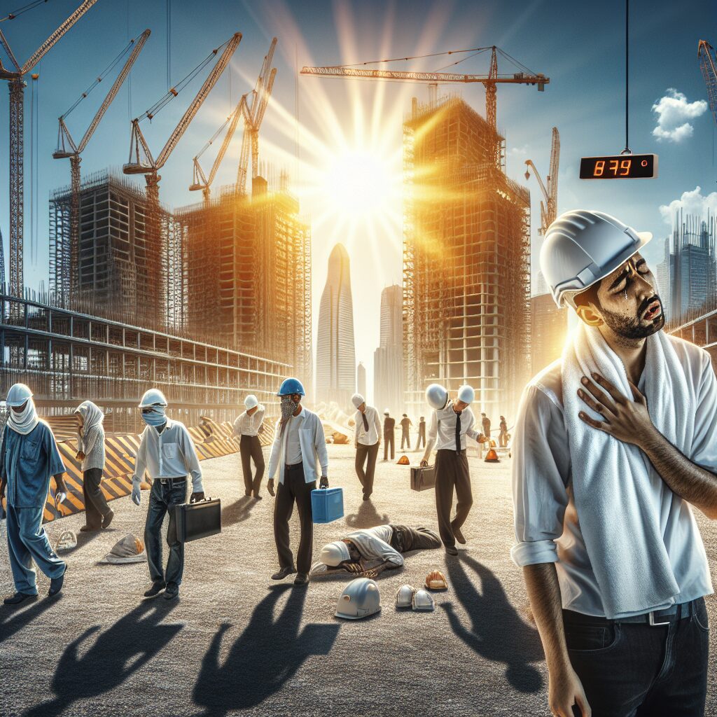 A bustling construction site under the oppressive heat, with workers wearing safety helmets, one worker appearing faint or unwell in the foreground. The sun is blazing in the sky, casting intense light on the scene, depicting a sense of urgency and concern. The background shows cranes and partially constructed buildings, with a digital temperature display showing extreme heat.