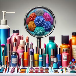 A detailed image showing a variety of everyday products such as cosmetics, medicines, and paints, highlighting the presence of titanium dioxide. Include nanoparticles image in a laboratory setting.