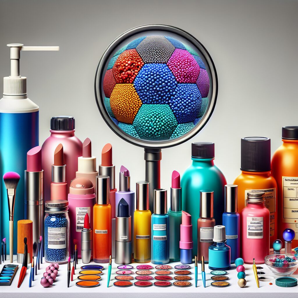 A detailed image showing a variety of everyday products such as cosmetics, medicines, and paints, highlighting the presence of titanium dioxide. Include nanoparticles image in a laboratory setting.
