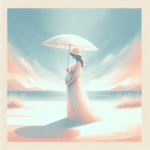 A serene summer scene depicting a pregnant woman in a flowing dress and a sun hat, standing under a parasol on a sunny beach, with a light breeze. The image conveys safety, warmth, and care, with soft pastel colors and a clear blue sky.