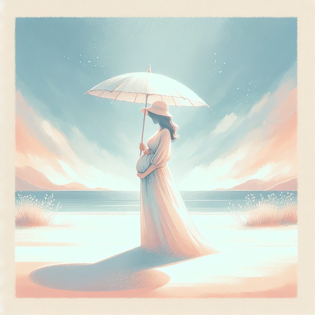A serene summer scene depicting a pregnant woman in a flowing dress and a sun hat, standing under a parasol on a sunny beach, with a light breeze. The image conveys safety, warmth, and care, with soft pastel colors and a clear blue sky.