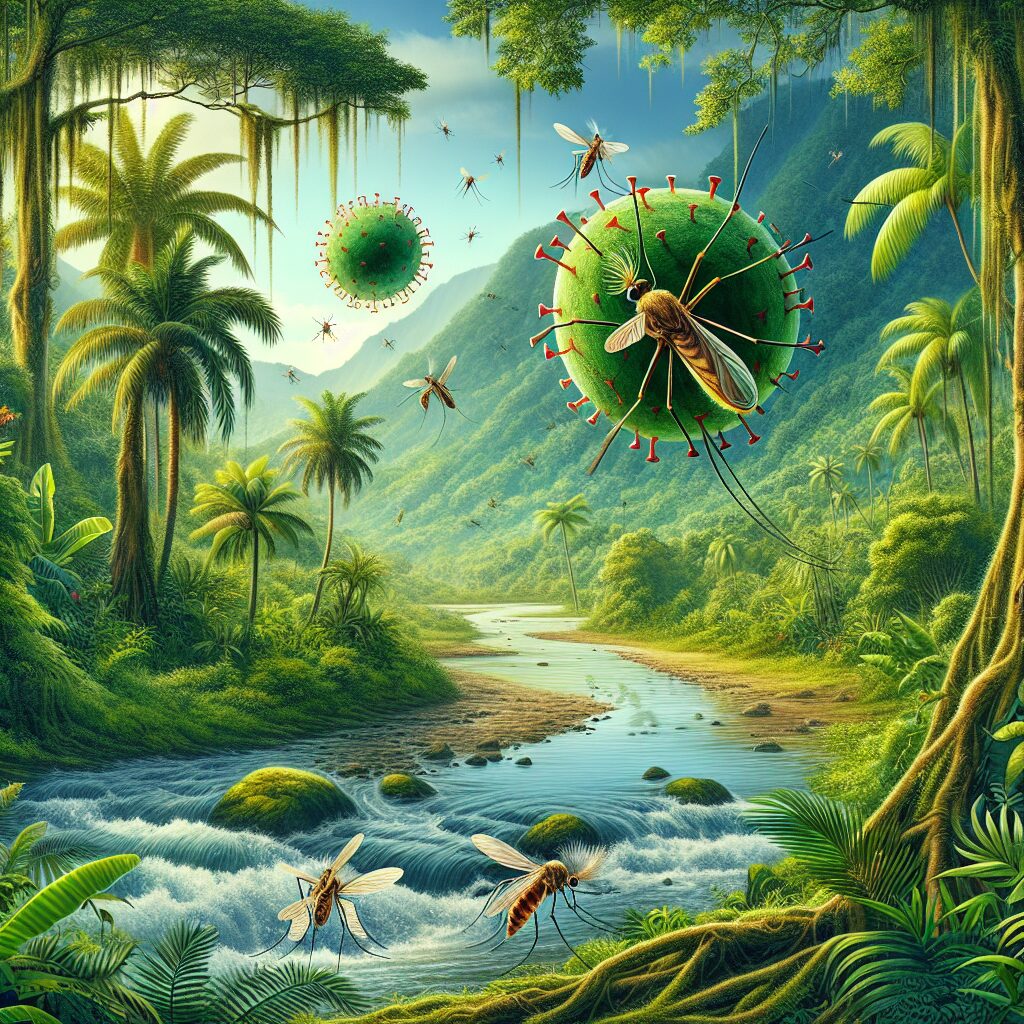 An illustration of the Oropouche virus transmission in tropical environments, showcasing vectors like biting midges and depicting the lush landscapes of the Caribbean and Amazon with a focus on scientific and health themes.