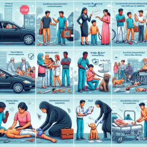 A detailed illustration showing various scenarios in which the recours contre tiers might be applicable, such as traffic accidents, accidents in public places, and animal bites, with visual emphasis on healthcare and legal aspects.