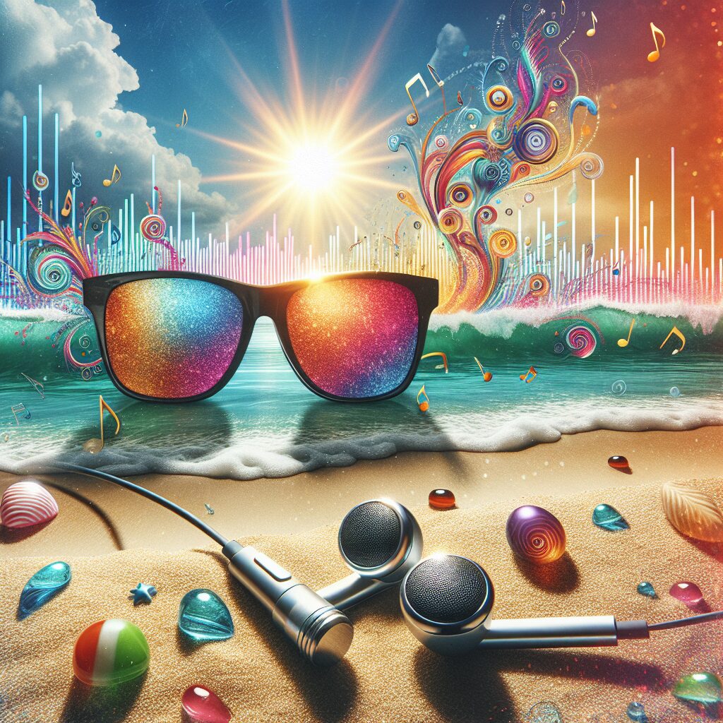 A vivid summer scene illustrating protection for eyes and ears. Includes elements like colorful sunglasses, earbuds, a beach, a bright sun, and soundwaves. The tone should be both vibrant and educational, reflecting health and wellness themes.