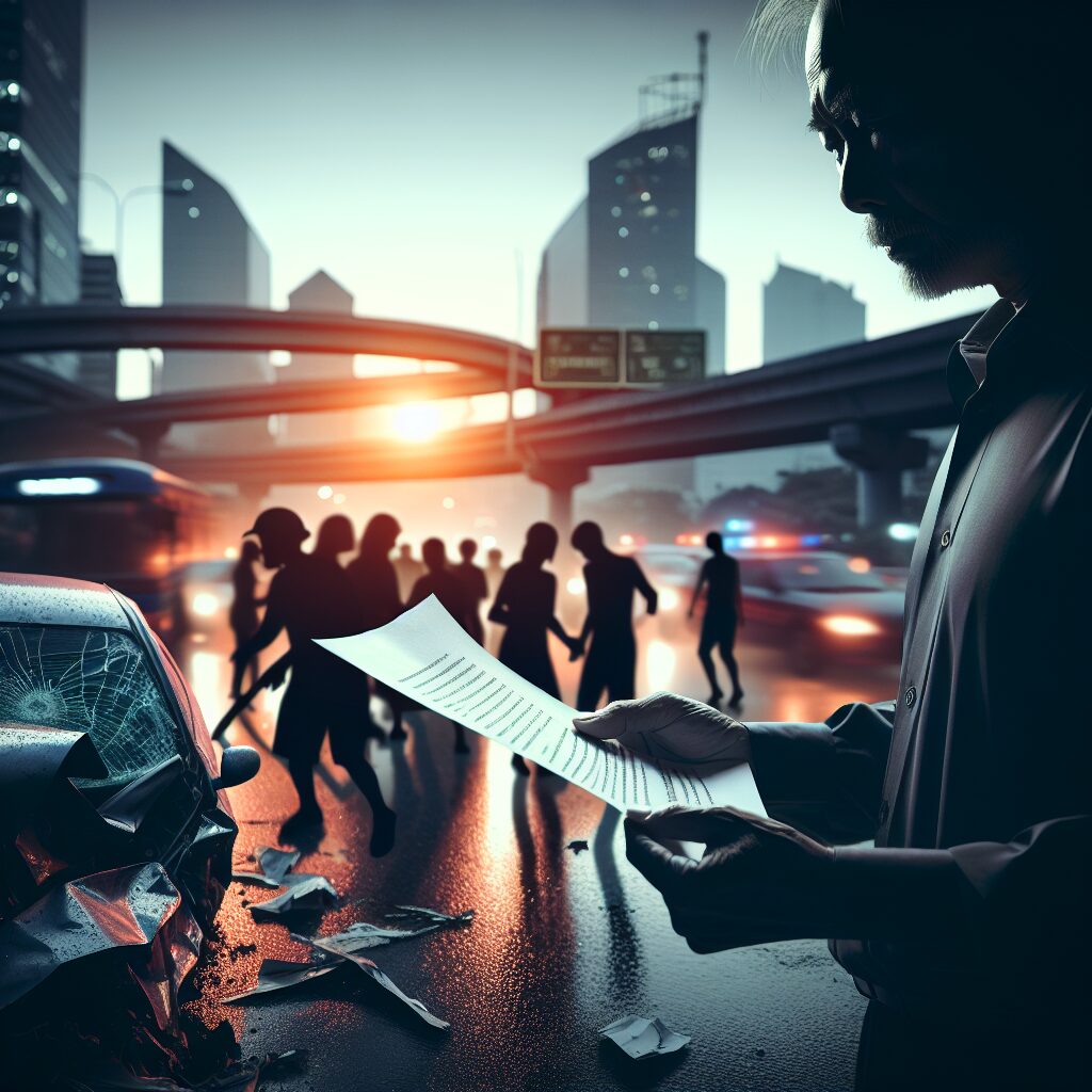 A visually compelling image illustrating a traffic accident scene with a person's silhouette holding a document symbolizing a legal claim. The background can show traffic or an urban setting, highlighting the theme of legal recourse against a third party.