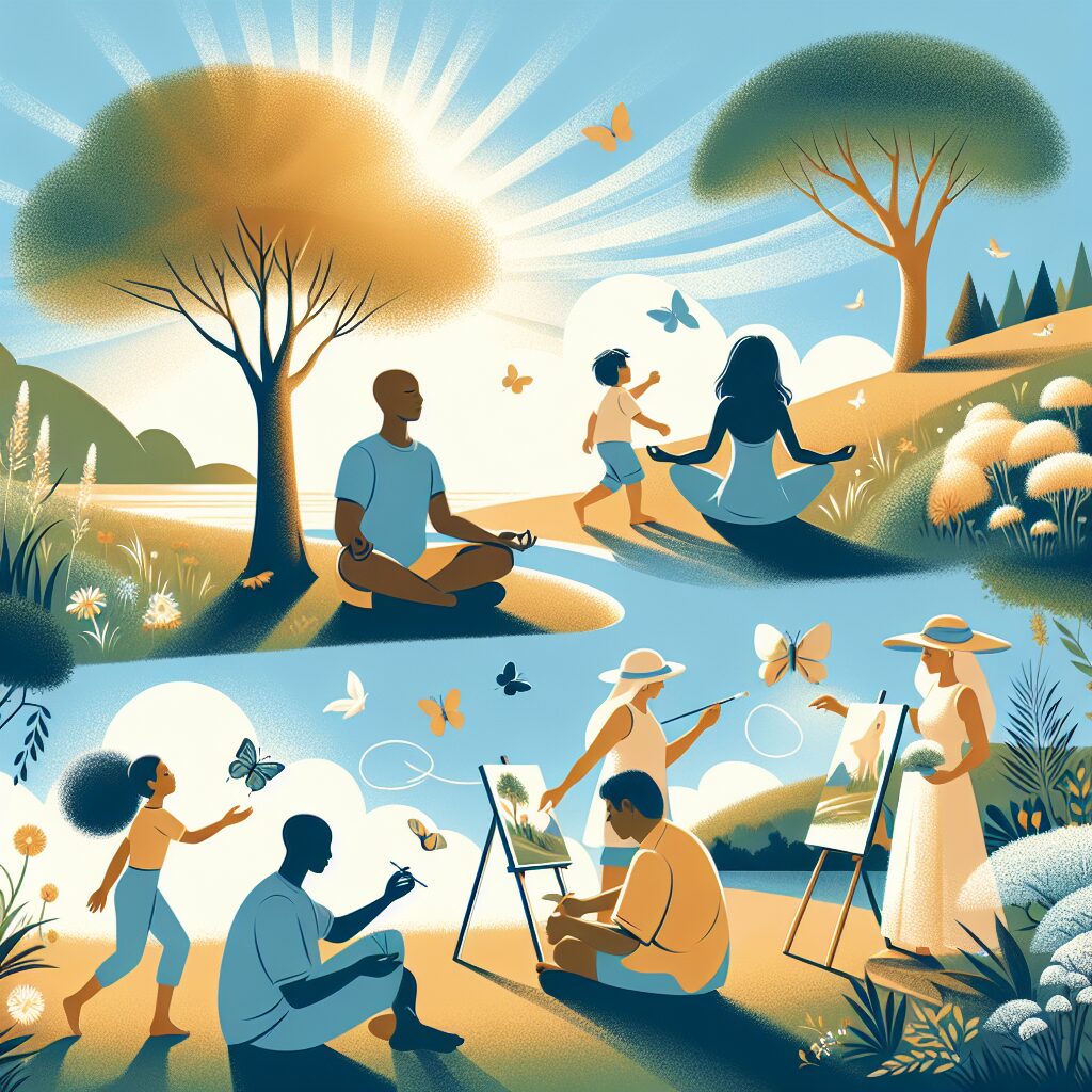 A serene summer landscape with gentle sunlight, depicting people enjoying the outdoors calmly, emphasizing mental peace and well-being during summer.