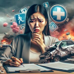 A person filling out forms with a concerned expression, a background depicting an accident scene with vehicles, and symbols of medical and insurance claims, in a realistic style.