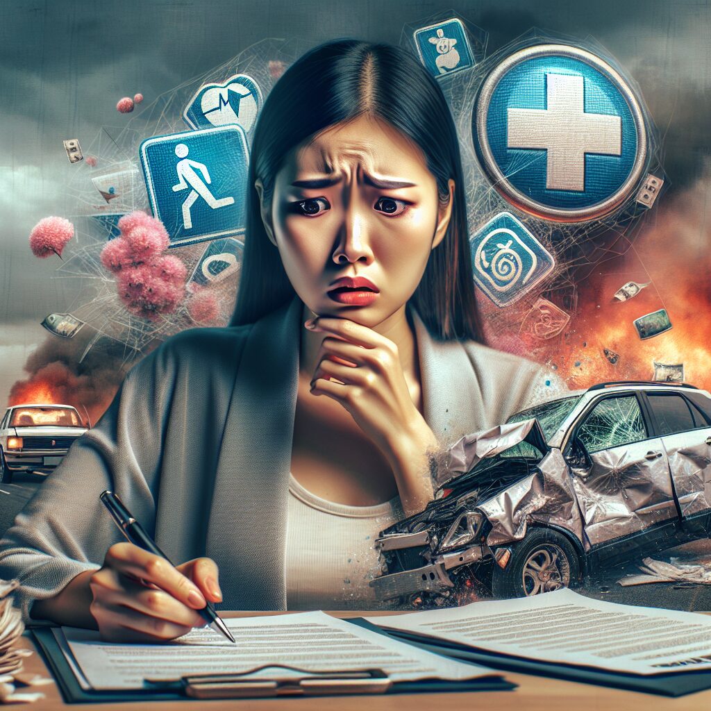 A person filling out forms with a concerned expression, a background depicting an accident scene with vehicles, and symbols of medical and insurance claims, in a realistic style.