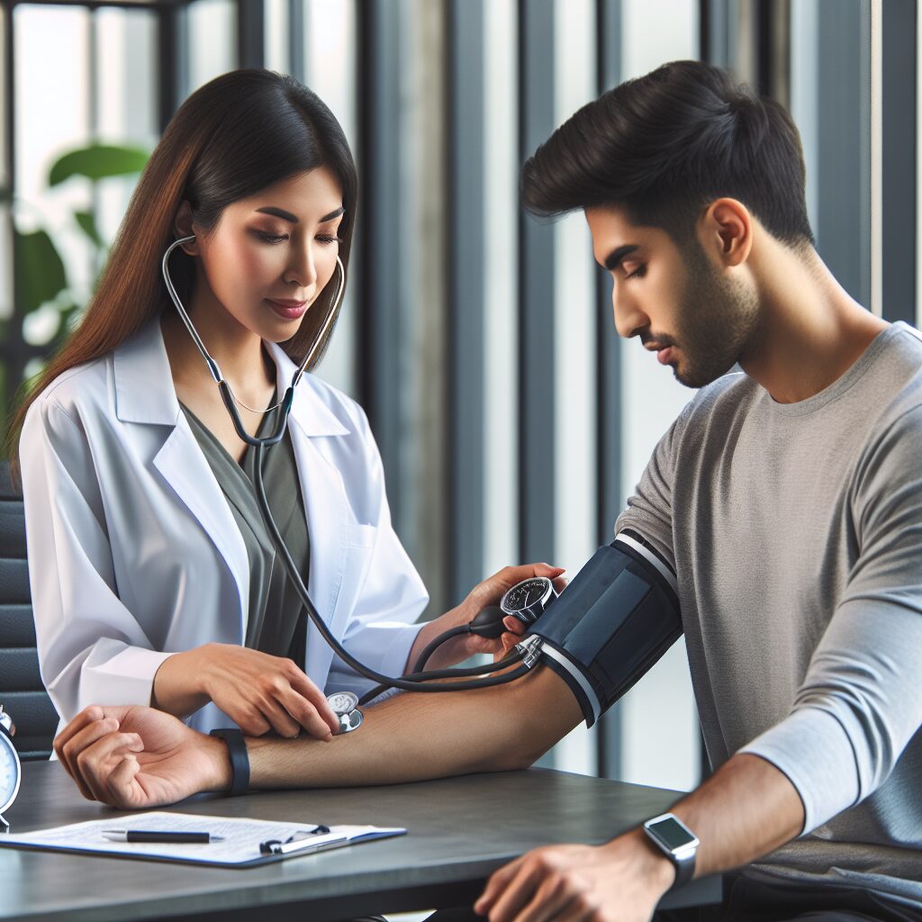 Un médecin utilisant un tensiomètre pour vérifier la pression artérielle d'un patient lors d'une consultation médicale, atmosphère de cabinet médical moderne, souci de précision et de prévention en santé.