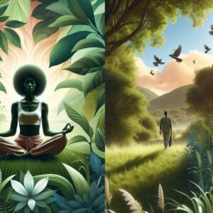 A serene summer landscape with a gentle breeze blowing through lush greenery, illustrating the concept of mental well-being during summertime. Add subtle imagery suggesting peaceful solitude, like a person meditating or taking a quiet walk.