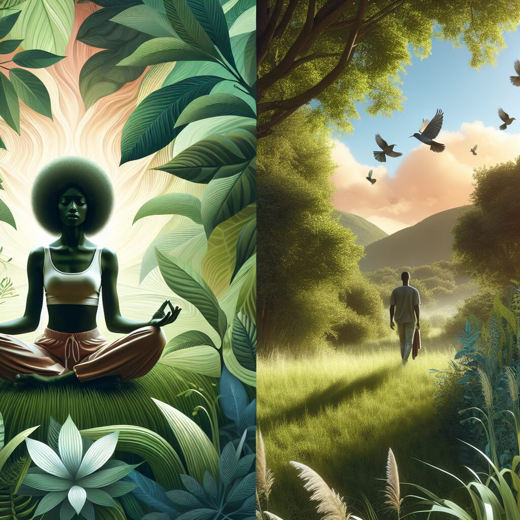 A serene summer landscape with a gentle breeze blowing through lush greenery, illustrating the concept of mental well-being during summertime. Add subtle imagery suggesting peaceful solitude, like a person meditating or taking a quiet walk.