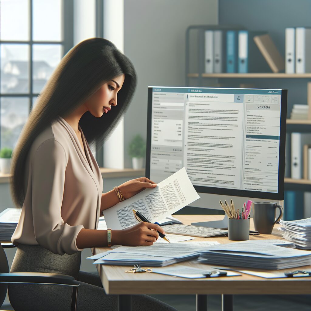 An informative scene showing a person consulting documents related to insurance claims after an accident. The setting is a bright, professional office with paperwork and a computer showing insurance details. The person appears thoughtful and focused.