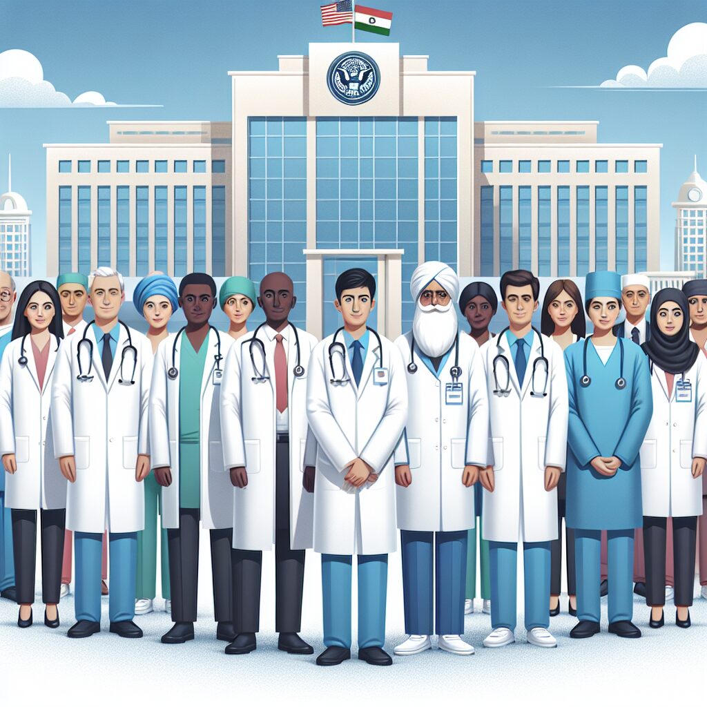 An illustration showing a group of diverse doctors from various nationalities, standing united with a backdrop of a hospital and a parliament building, symbolizing support and action from government officials.