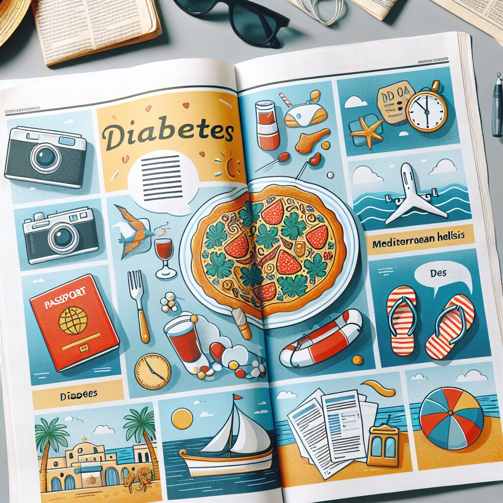 Un journal ouvert sur une table, avec des illustrations de vacances, d'une assiette méditerranéenne, et des objets de voyage comme un passeport et des lunettes de soleil, symbolisant la gestion du diabète tout en profitant de l'été.