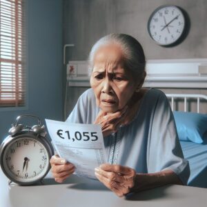 An elderly woman looking confused in a hospital room, staring at a large bill displaying 1,055 euros, with a clock showing just one minute passed.