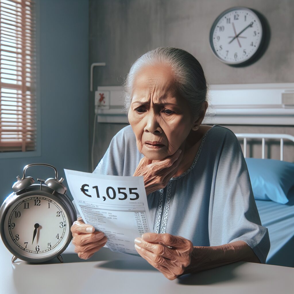 An elderly woman looking confused in a hospital room, staring at a large bill displaying 1,055 euros, with a clock showing just one minute passed.