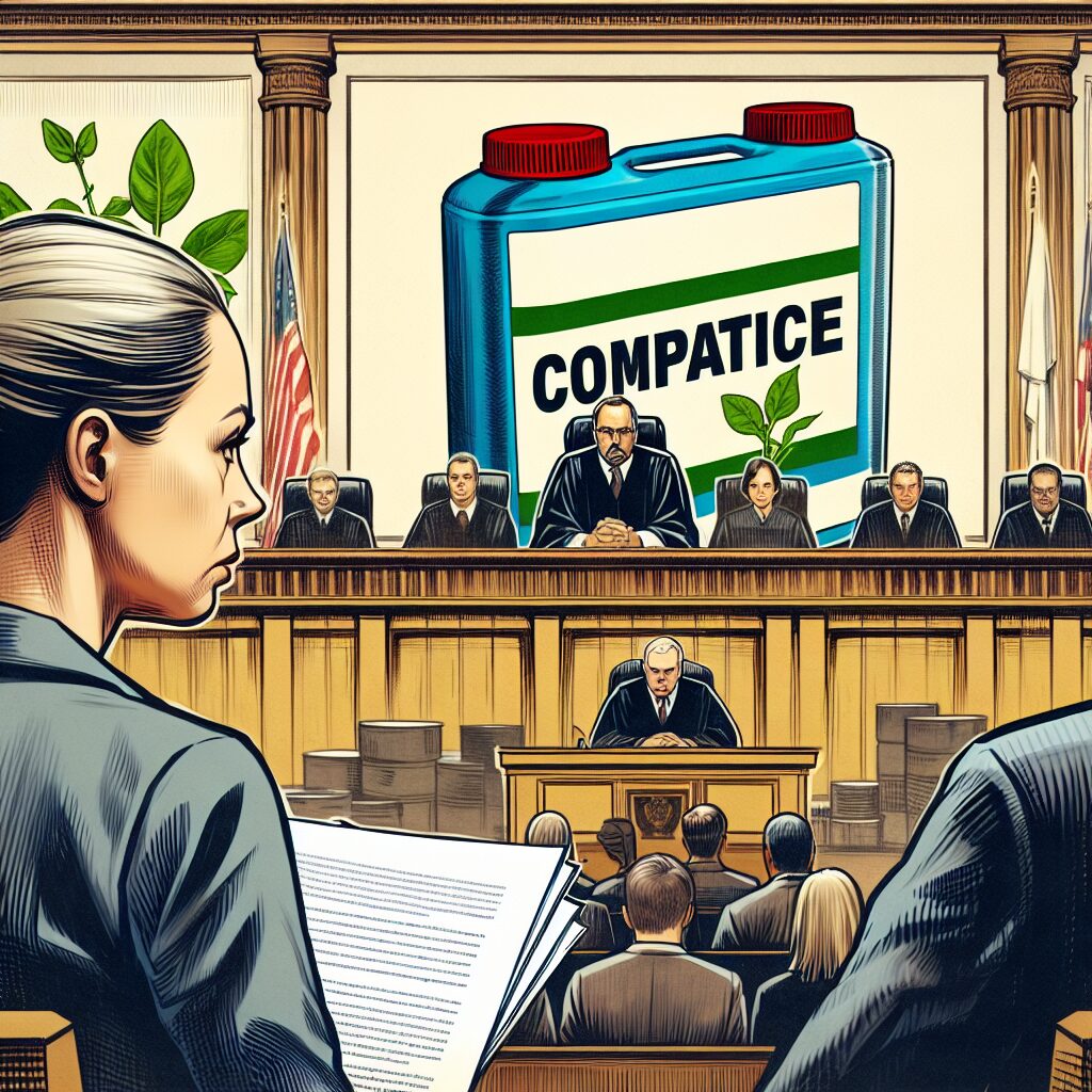 A courtroom scene showing a family against a large chemical company with an image of glyphosate product in the background. The mother appears determined, the father holds legal documents, while the courtroom atmosphere is tense, reflecting a legal battle over environmental and health issues.