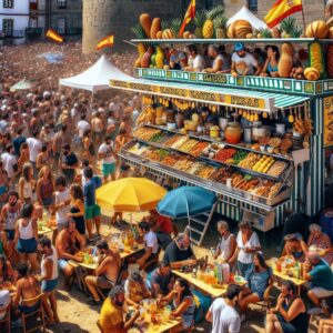 A lively music festival scene in Galicia, Spain, with vibrant stalls selling local foods during a hot summer day, capturing a bustling crowd enjoying the festival with a focus on food stands.