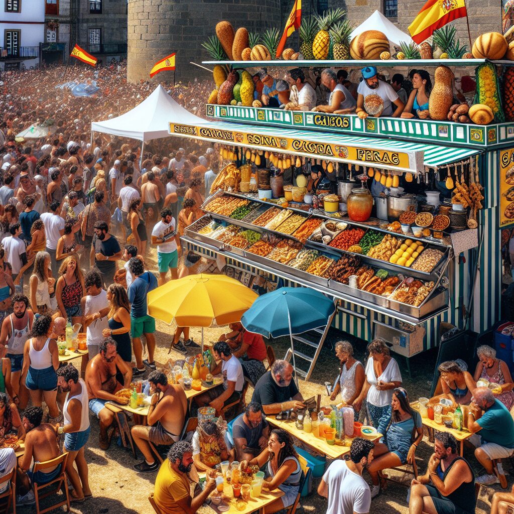 A lively music festival scene in Galicia, Spain, with vibrant stalls selling local foods during a hot summer day, capturing a bustling crowd enjoying the festival with a focus on food stands.