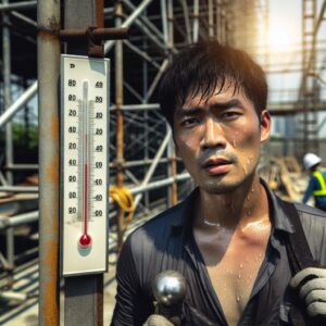 A construction worker under extreme heat at a construction site, sweat visible on his face, with a thermometer in the background displaying a high temperature, symbolizing a heatwave scenario.