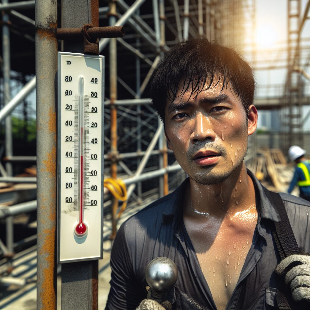A construction worker under extreme heat at a construction site, sweat visible on his face, with a thermometer in the background displaying a high temperature, symbolizing a heatwave scenario.