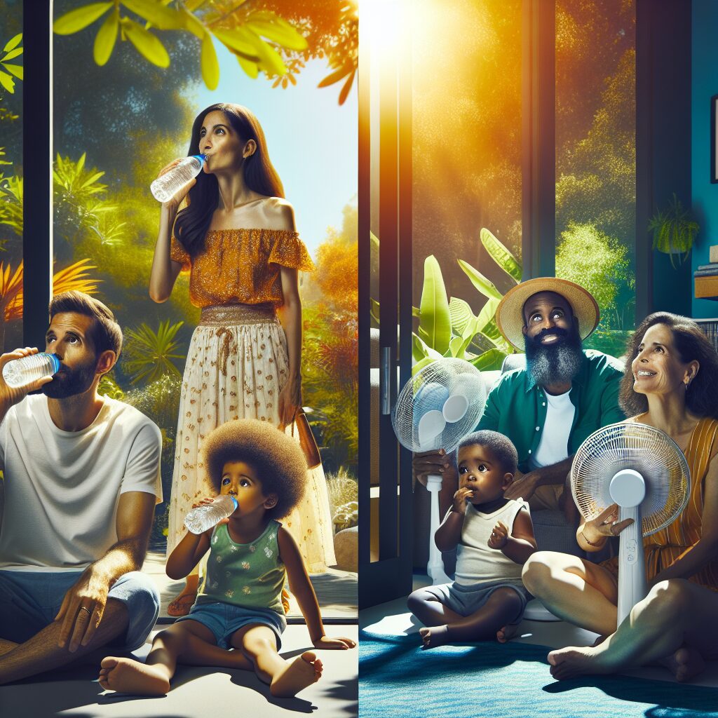 A family staying cool during a heatwave, with a mix of indoor and outdoor settings, showing hydration, lounging in a shaded garden, and using fans inside a cozy home. Bright summer light and a sense of relief and comfort.